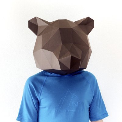 Portrait of Greg with a cardboard bear on his head and a blue t-shirt.