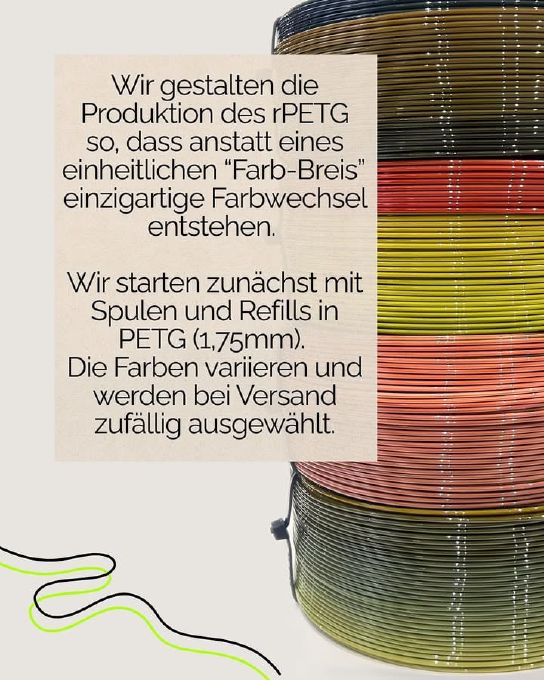 A text in German with a column of rPETG spools in the background. Deepl translates the text in English as follows: 'We design the production of rPETG in such a way that, instead of a uniform 'colour paste', unique colour changes are created. We are starting with spools and refills in PETG (1.75 mm). The colours vary and are selected at random for shipping.'