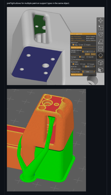 Example showing different support type on the same part using the paint-on feature