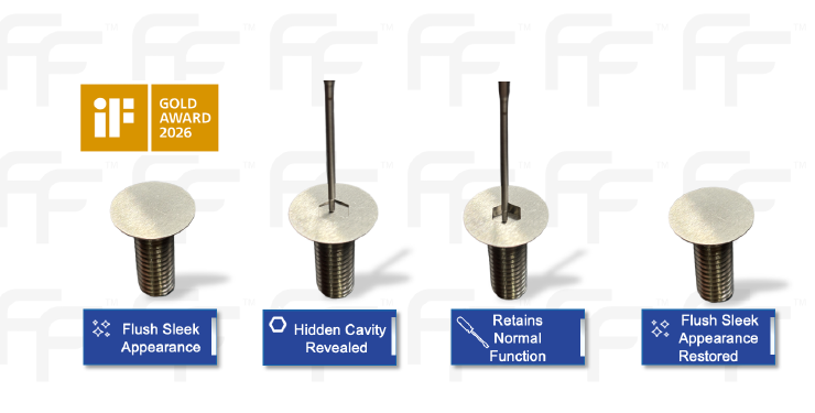 4 steps showing the mechanism of the spring with a tool pushing a hex hole. A logo for the IF Design Gold award of 2026