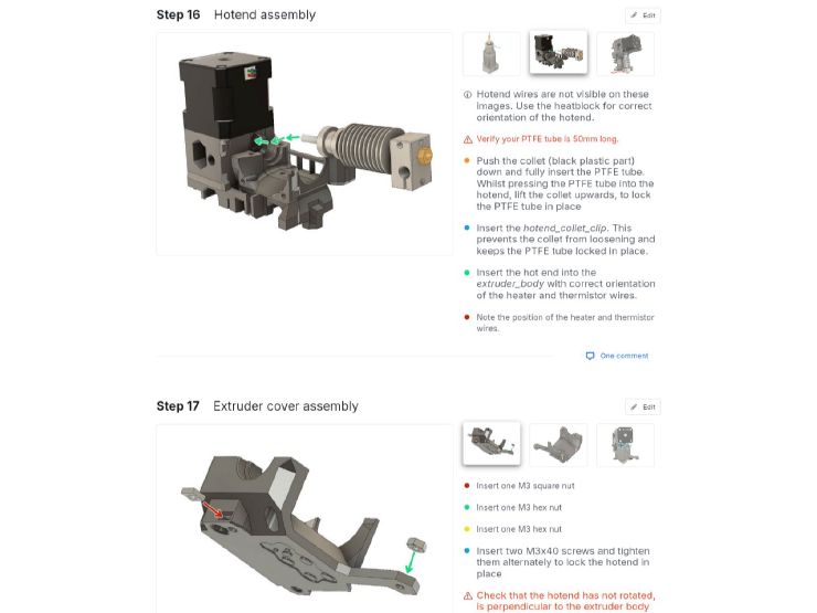 Screenshot of the BearExxa 1.0 assembly guide where we can see the insertion of the hotend in the body and the preparation of the hotend cover.