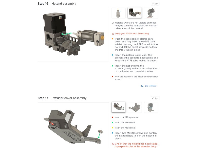 Screenshot of the BearExxa 1.0 assembly guide where we can see the insertion of the hotend in the body and the preparation of the hotend cover.