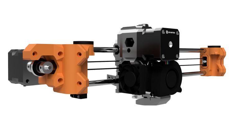 CAD rendering of the Bear extruder and X axis. Each ends of the X axis are in orange and the extruder is in grey and black.
