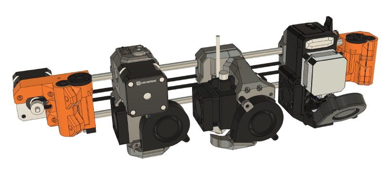 CAD rendering of the Bear X axis with 3 extruders: the BearExxa 1.0 on the left, BearMera in the middle and Bondtech with Bear carriage on the right