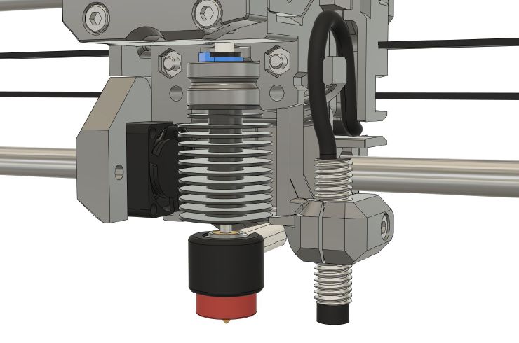 CAD view of the BearExxa with the cover for the hotend removed. we can see the tiny fan aligned perfectly with the fins of the heatsink. On the right is the SuperPinda attached.
