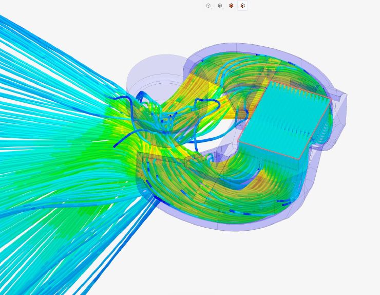 In the center of the image we have the fan duct and the nozzle in 3/4 view and in transparency. Several colored lines are showing the airflow moving from top right, through the duct and out to the bottom left where the nozzle sits