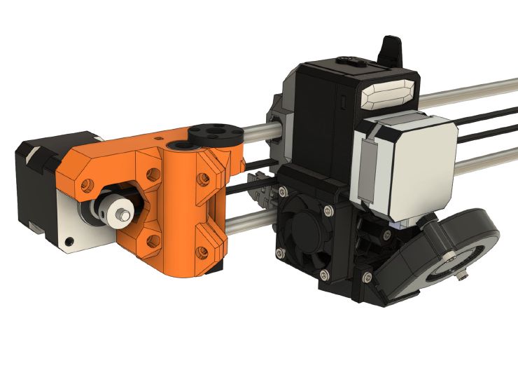 CAD rendering of the Bondtech extruder on the Bear X axis. We can see the extruder next to the motor mount.