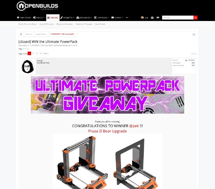 Screenshot of the Openbuilds website in 2018 with a post from an Openbuilds team member saying 'CONGRATULATIONS TO WINNER @pek !!! Prusa i3 Bear Upgrade'