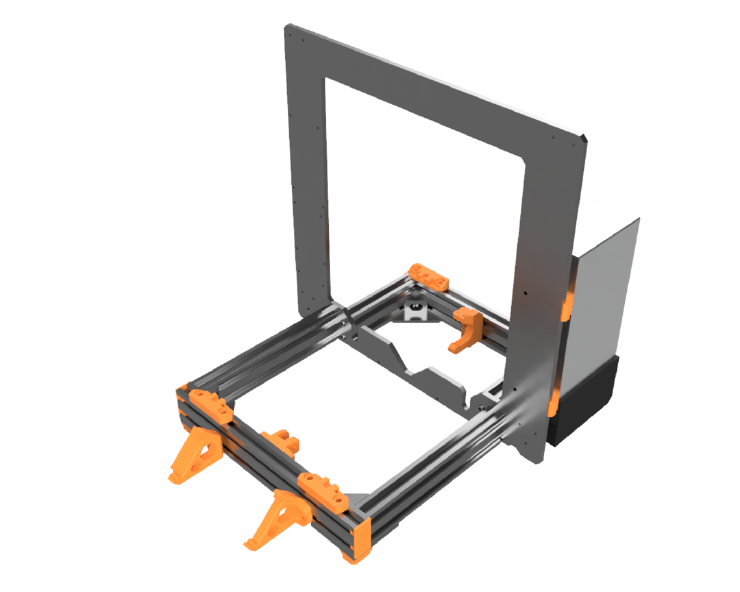 CAD rendering of the Bear Frame 1.0 with the 6 extrusions in the bottom and the orange part that have changed from the Original Prusa MK2S printer