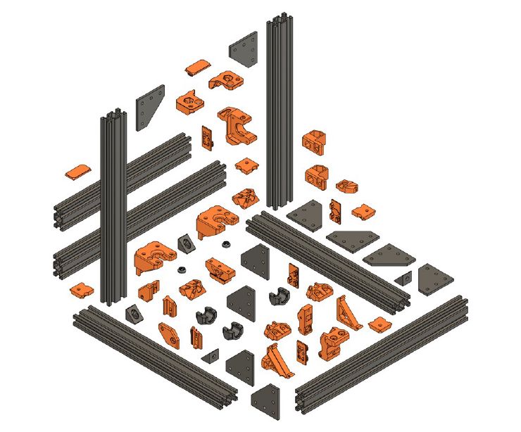 CAD rendering of an exploded view of the Bear Frame Upgrade 2.1 parts. We can see both metal and 3D printed parts