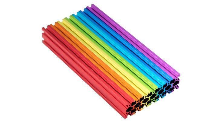 7 V-Slot extrusions next to each others in 7 colors: red, orange, gold, green, light blue, blue, violet