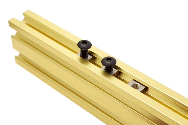 A gold extrusion with 3 in T-nuts in the top groove and 2 of them have screws