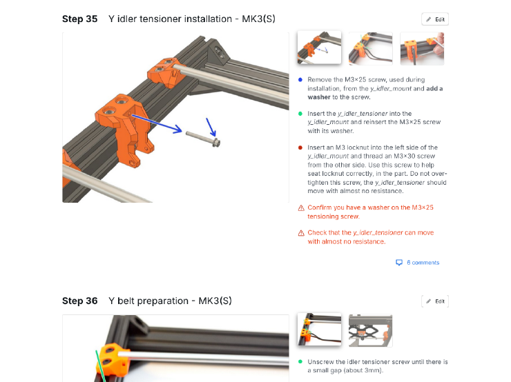 Screenshot of the assembly guide showing how to install the belt tensioner of the Y axis