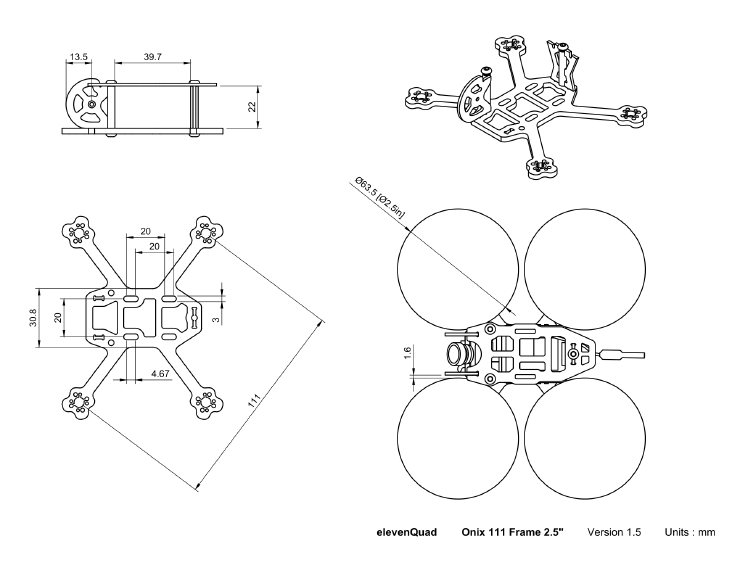 Mechanical drawing showing general dimensions